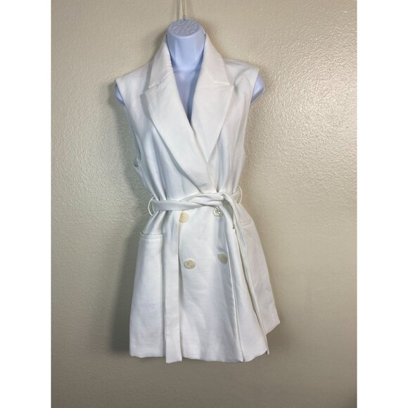 Zara White Double Breasted Belted Vest Coat Women size Medium Capsule Sleeveless - Picture 2 of 16
